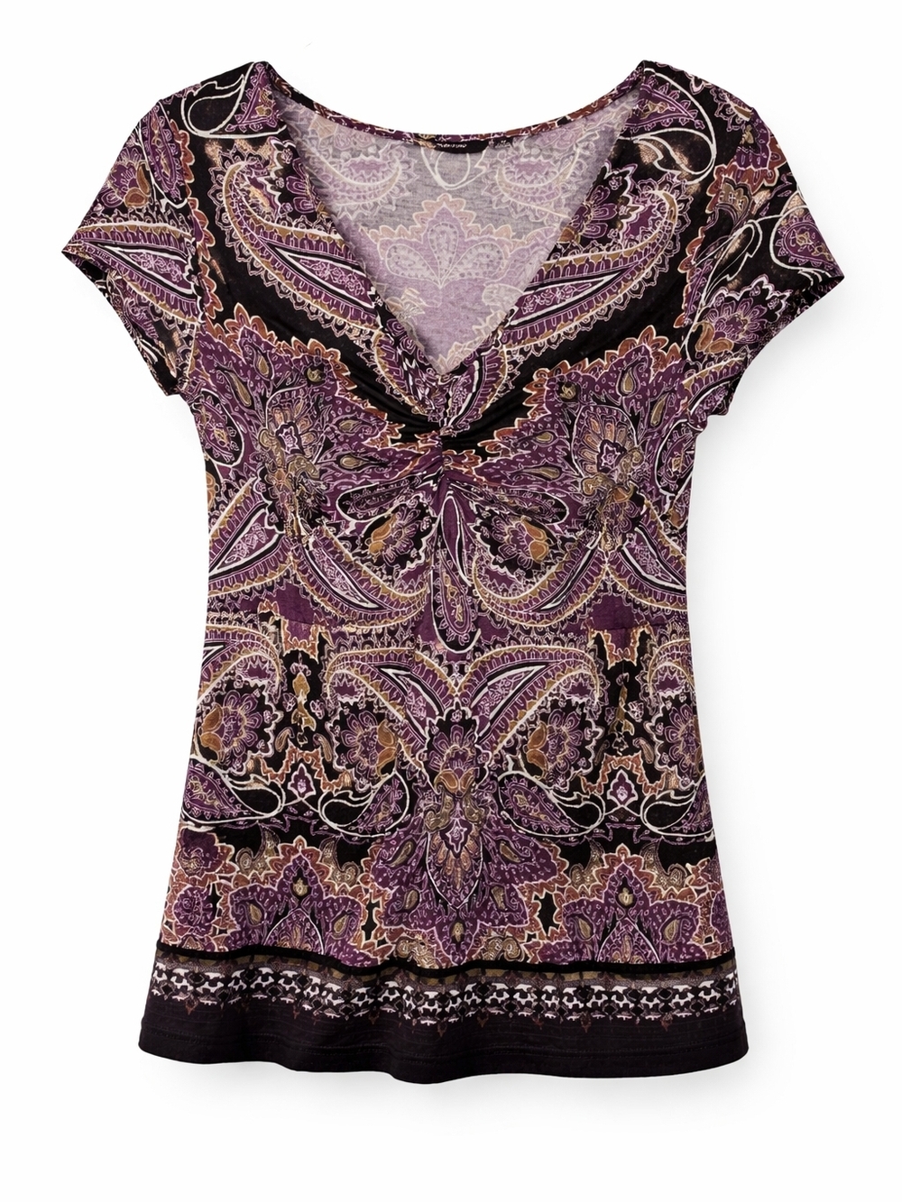 Apt. 9 Purple Paisley V-Neck Ruched Front Blouse. 100% Stretchy Rayon - Picture 2 of 6